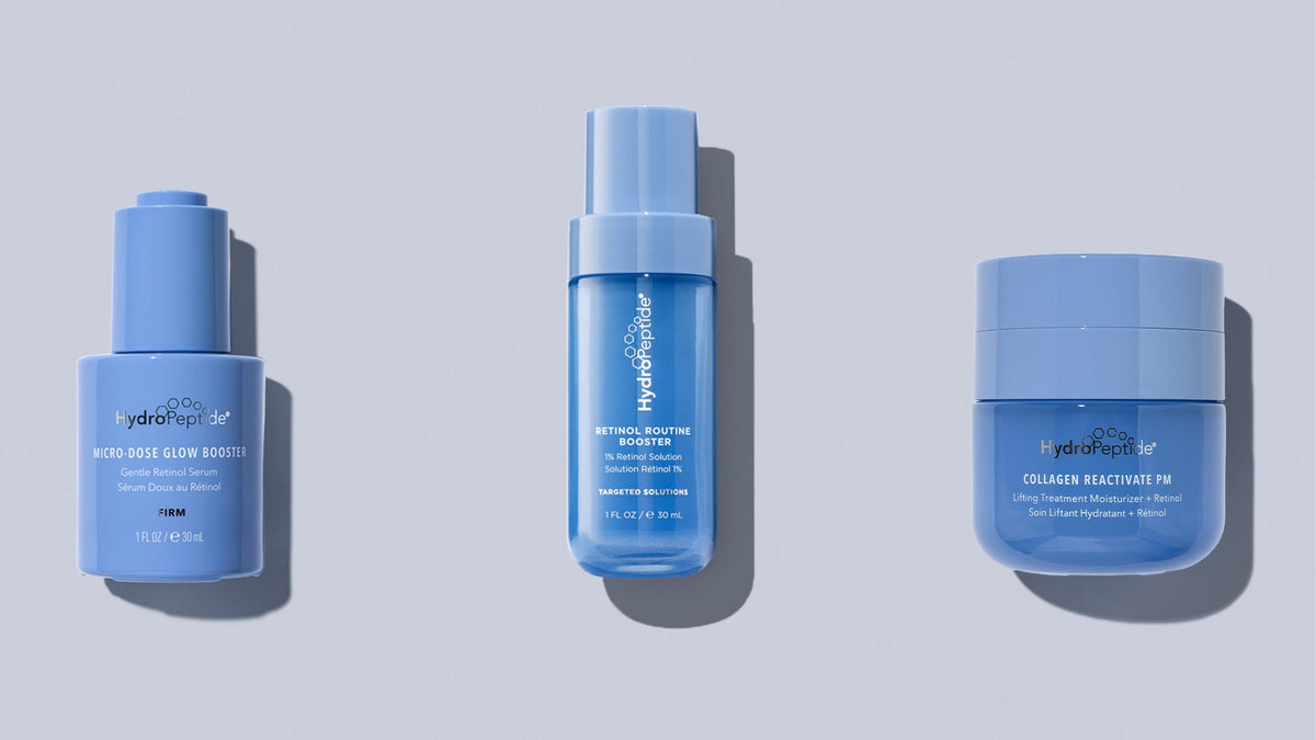 HydroPeptide Micro-Dose Glow Booster, Retinol Routine Booster and Collagen ReActivate PM products against gray background
