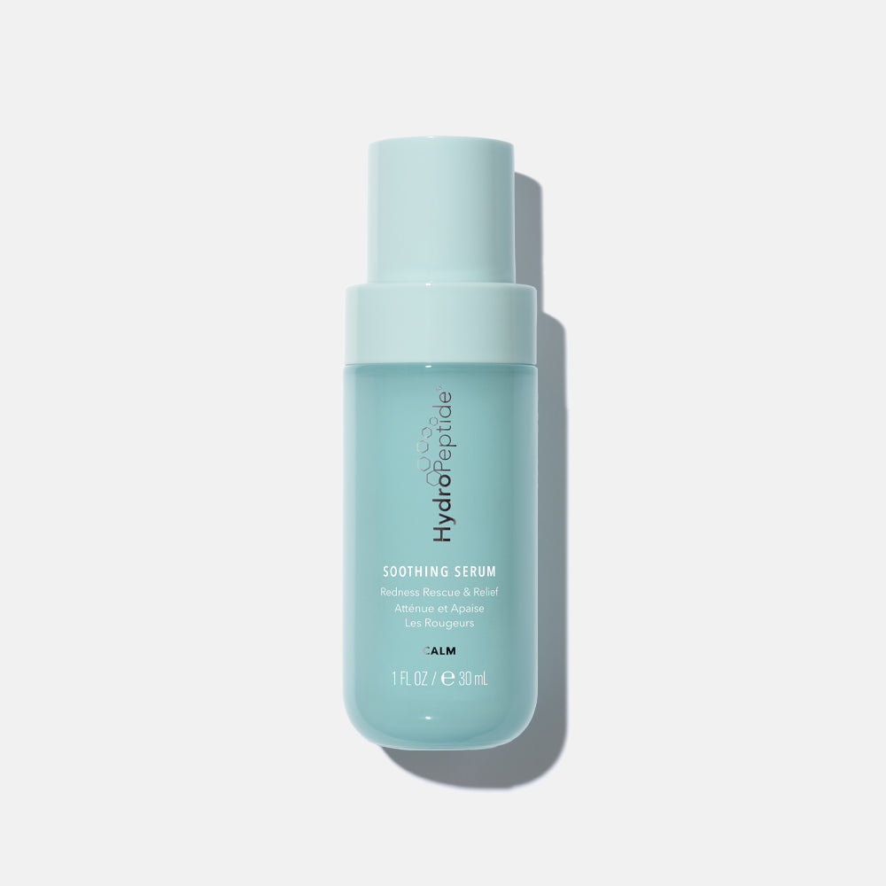 A bottle of HydroPeptide Soothing Serum with a teal label and cap, set against a grey background.