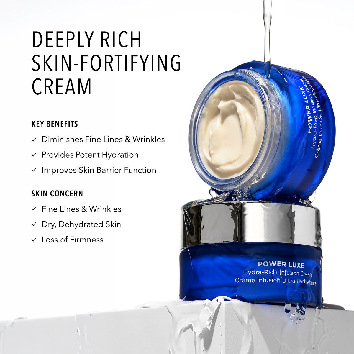 HydroPeptide Power Luxe Moisturizer in blue jar with silver lid, listing Key Benefits and Skin Concerns