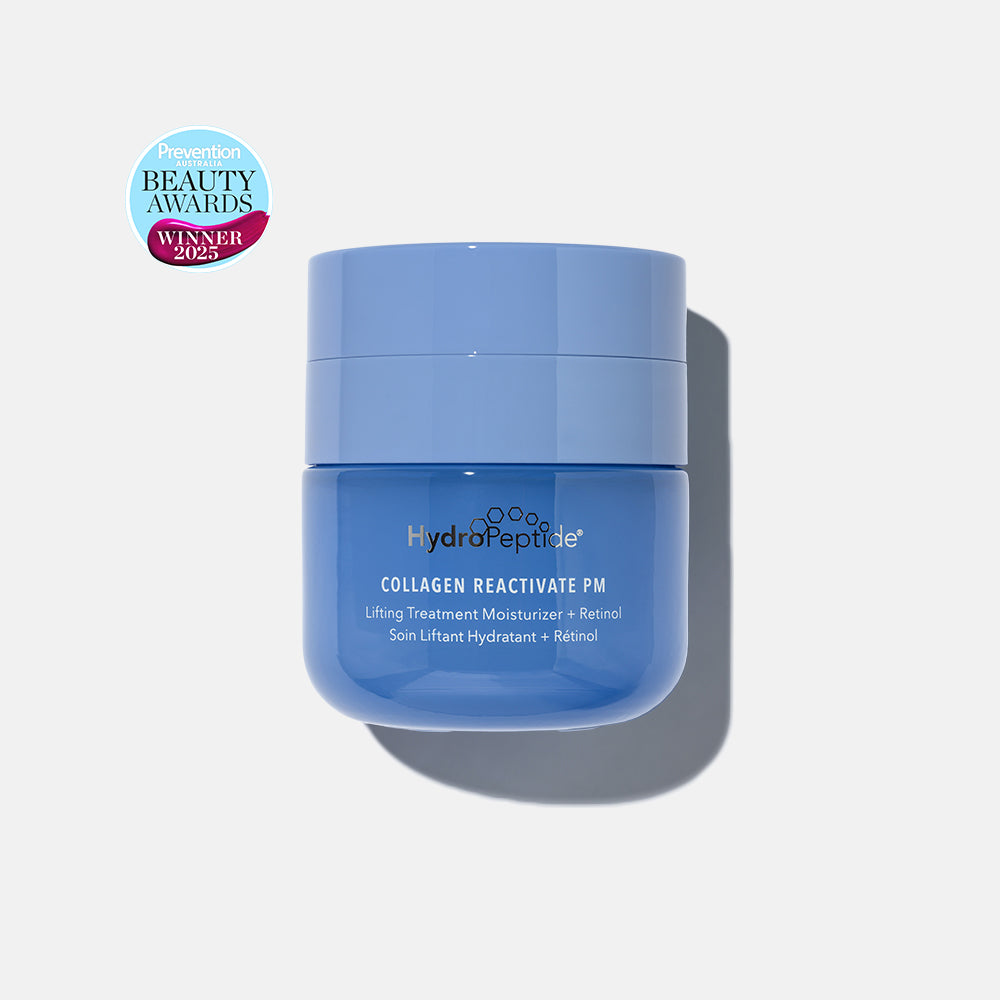 Blue skincare jar with 'HydroPeptide Collagen ReActivate PM' branding on a white background, featuring an award badge.