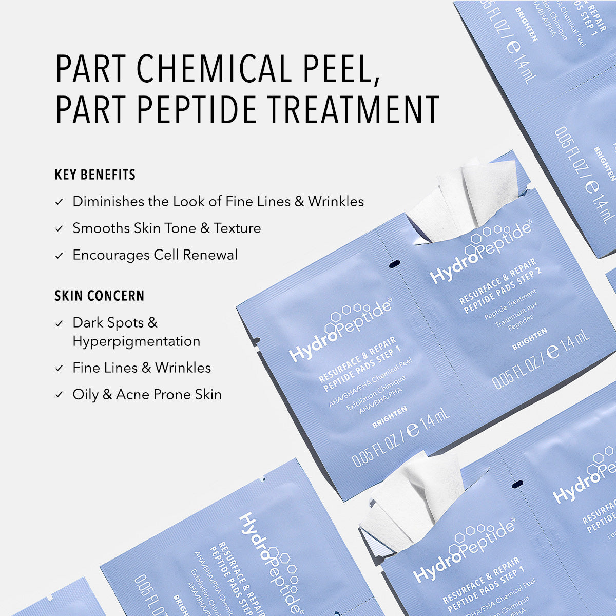 HydroPeptide Resurface and Repair Peptide Pads sachets on a light gray background. listing Key Benefits and Skin Concerns
