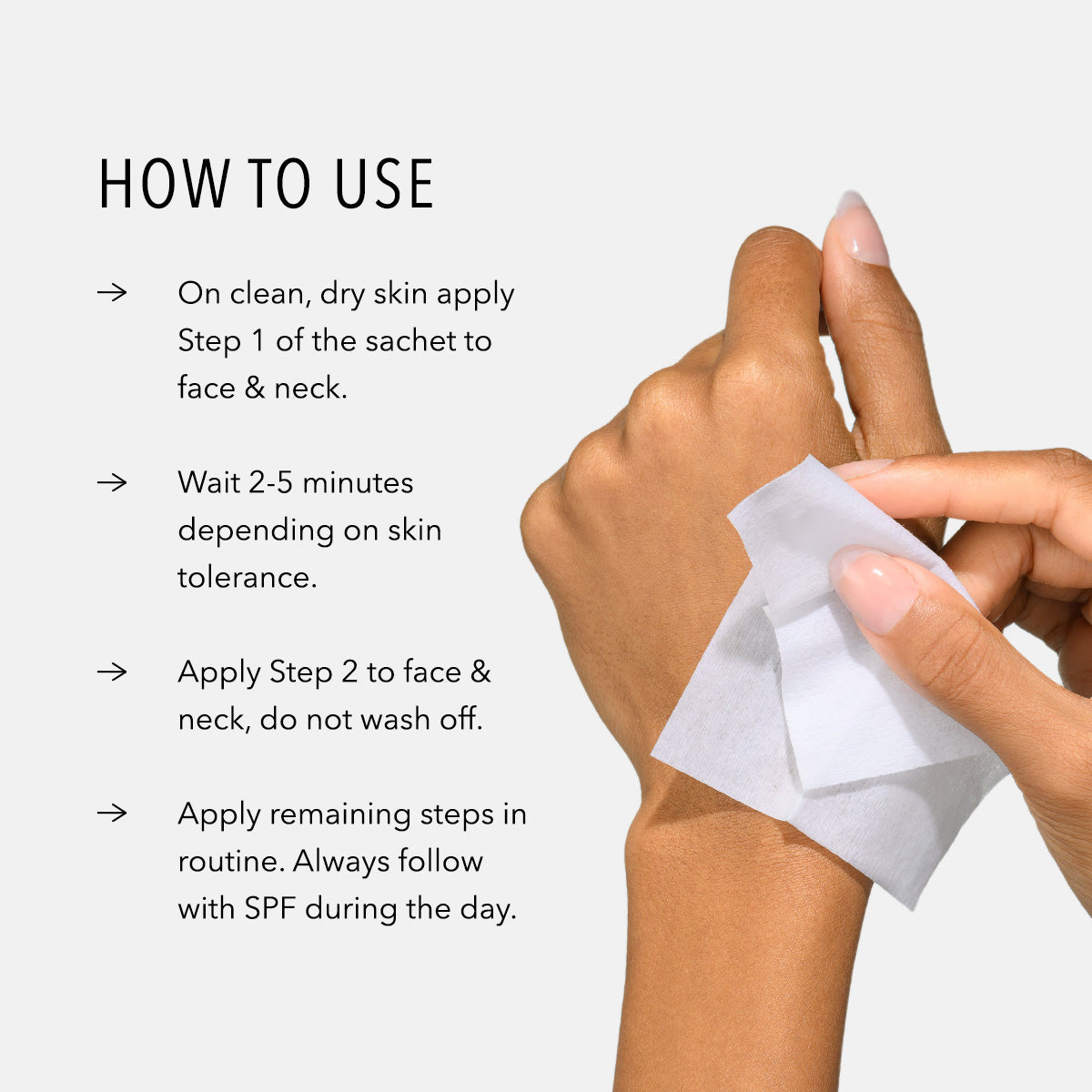 Hands holding HydroPeptide Resurface and Repair Peptide Pads sachet, on a light gray background. listing How to Use directions