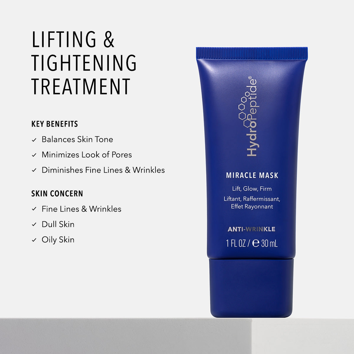 Blue skincare tube labeled 'HydroPeptide Miracle Mask' with text detailing key benefits and skin concerns on a grey background.