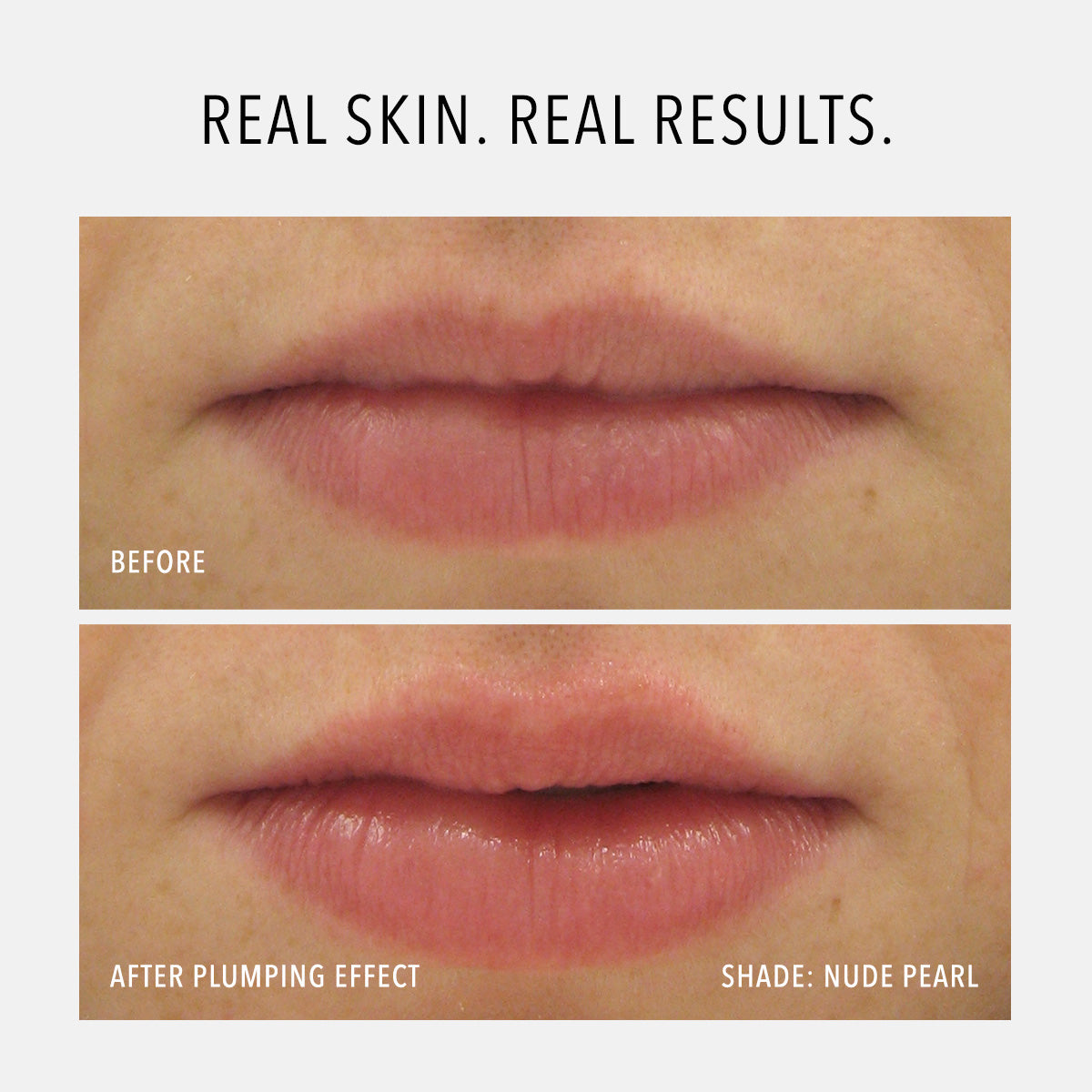 Before and after comparison of HydroPeptide Perfecting Gloss Lip Enhancing Treatment on lips with a plumping effect