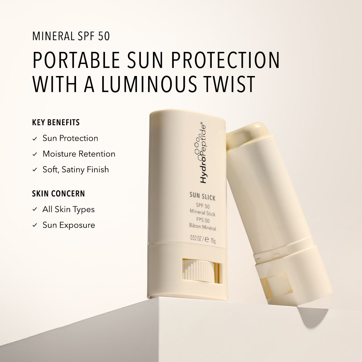 HydroPeptide Sun Slick Mineral Stick SPF 50 key benefits and skin concern