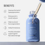 HydroPeptide Syner-C+ Multi-Action Brightening Serum: Vitamin C meets Peptide Science in a light blue bottle with a dropper, shown on a gray gradient background with product benefits text.