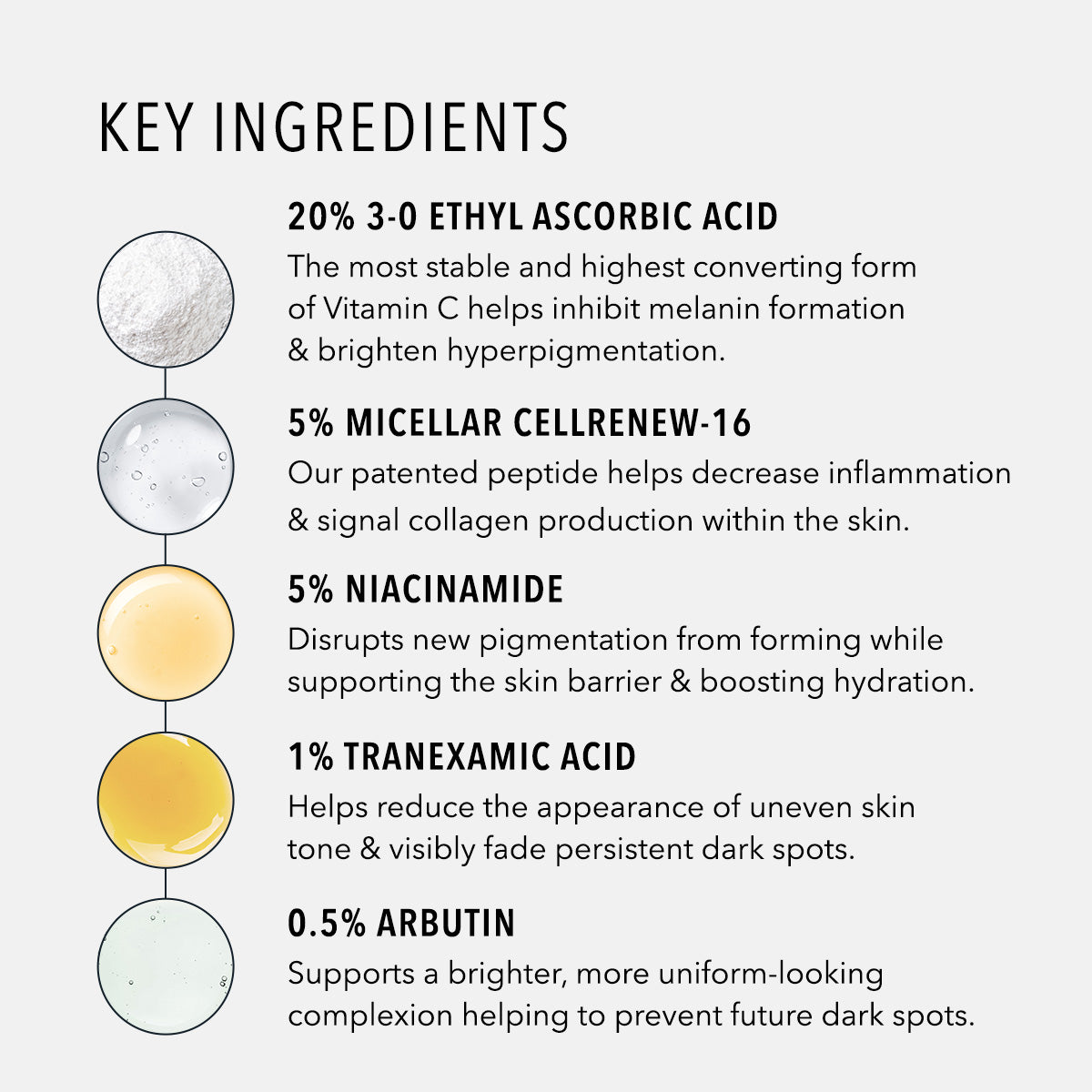 An infographic titled 'KEY INGREDIENTS' on a white background, listing six skincare ingredients with descriptions and small circular ingredient illustrations.