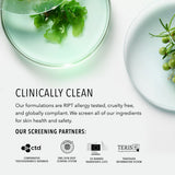 Two petri dishes with greenery on a white background, featuring text about product safety and screening partners.